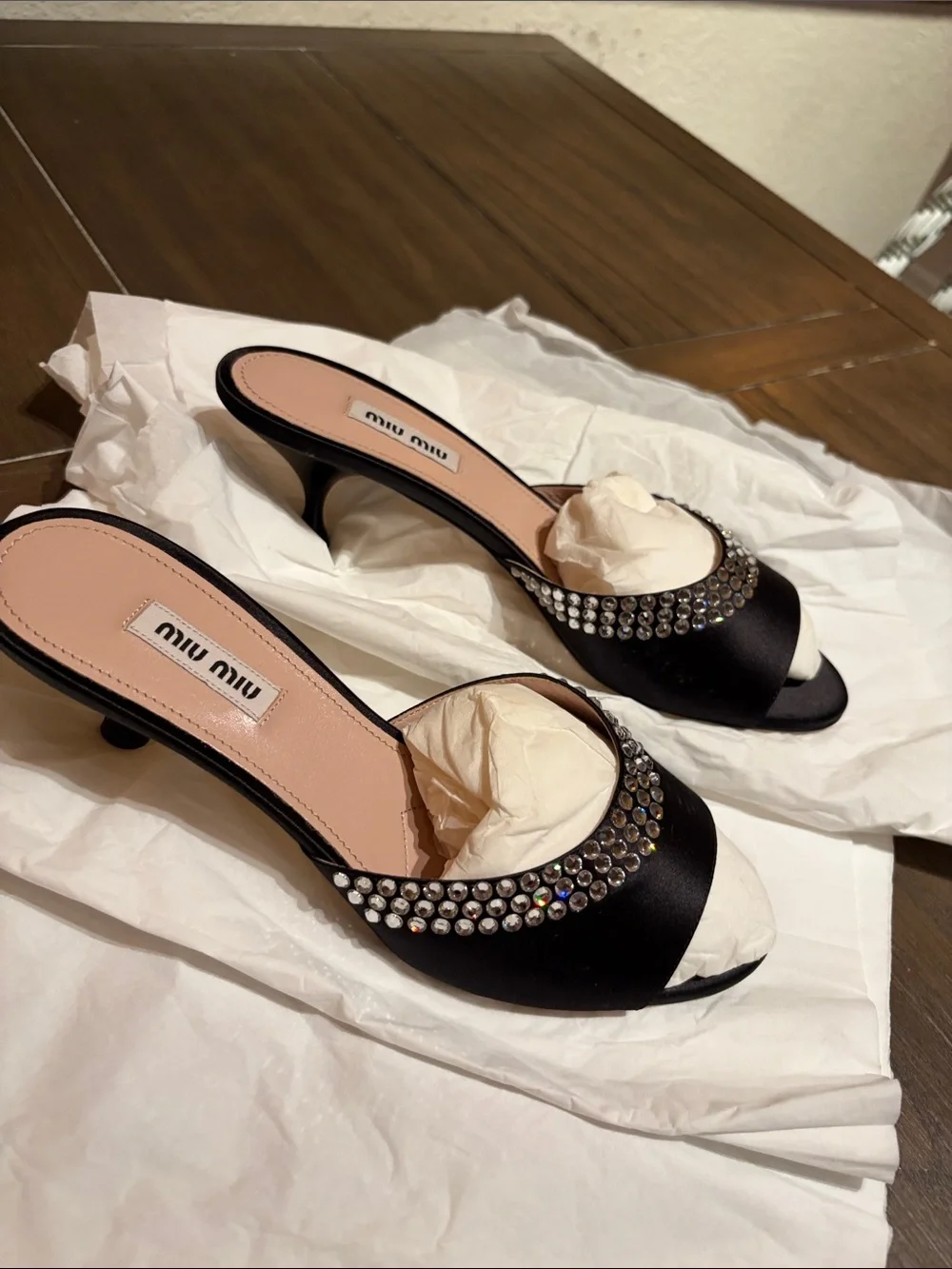 Miu Miu Black Satin Crystal-Embellished Slide Mules - Picture 2 of 6